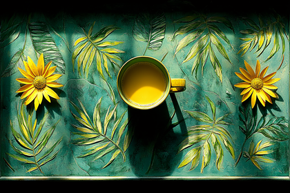 Cup of Yellow Drink with Flowers and Leaves