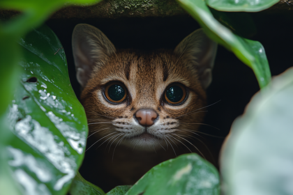 Curious Cat Peeking Through Green Leaves