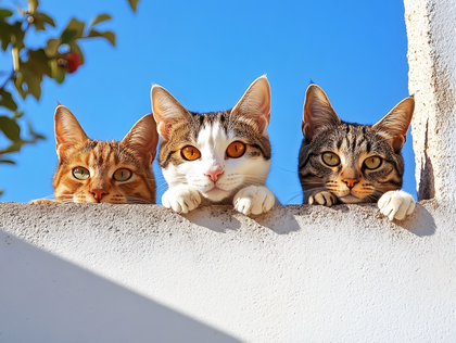 Curious Cats Peeking Over Wall