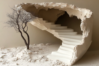 Curving White Stairs In Beige Cave With Bare Tree