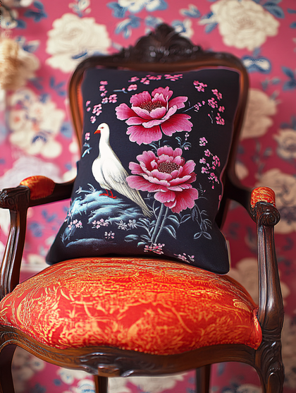 Cushion with Bird and Floral Design on Ornate Chair