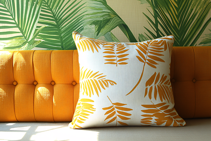 Cushion With Leaf Pattern On Orange Sofa