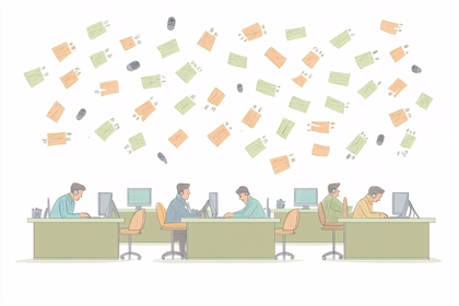 Customer Service Team in Office with Floating Icons