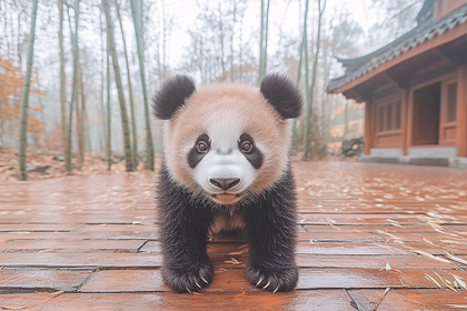 Cute Baby Panda On Wooden Platform