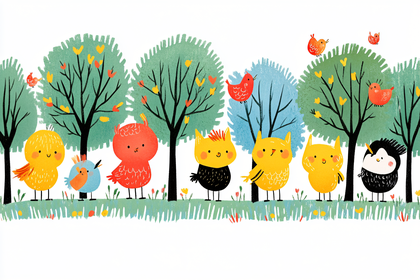 Cute Birds And Owls In Forest Illustration