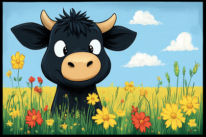 Cute Black Cow In Flower Field