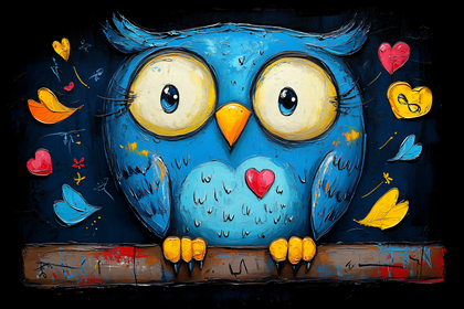 Cute Blue Owl Artwork with Hearts
