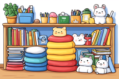 Cute Bookshelf with Stationery and Toys