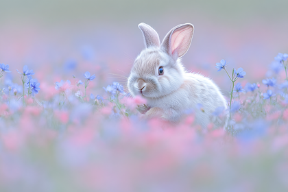 Cute Bunny In Flower Field