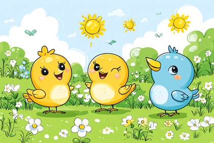 Cute Cartoon Birds in Spring Meadow