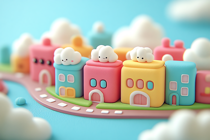 Cute Cartoon Town Houses With Smiling Clouds