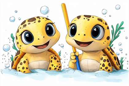 Cute Cartoon Turtle Duo In Water