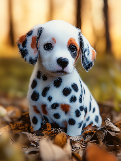 Cute Dalmatian Puppy Sitting On Autumn Leaves