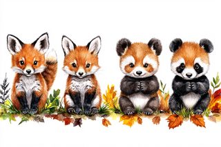 Cute Foxes And Red Pandas Watercolor