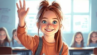 Cute Girl Raising Hand In Class