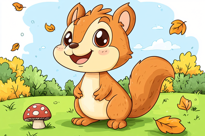 Cute Squirrel Cartoon in Autumn Park