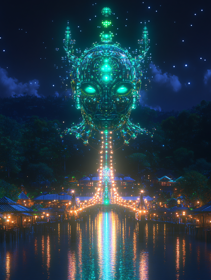 Cybernetic Divinity Over Tranquil Waters