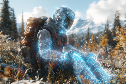Cybernetic Hiker Resting in the Mountains