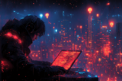 Cyberpunk Coder In Futuristic Cityscape