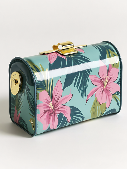 Cylindrical Clutch with Hibiscus Floral Pattern