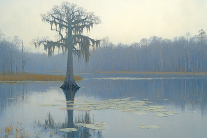 Cypress Tree in Misty Swamp