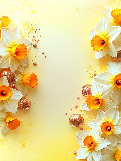 Daffodils and Easter Egg Pattern on Yellow Background