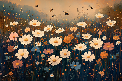 Daisy Field with Bees