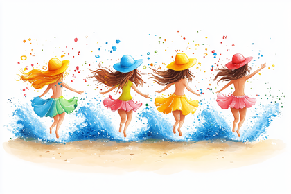 Dancing Girls On Beach Watercolor