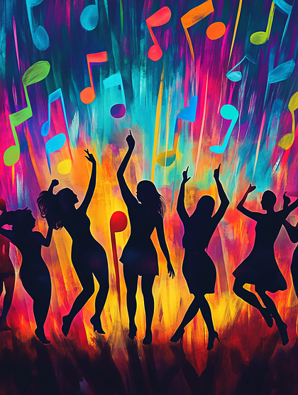 Dancing Silhouettes Under Music Notes