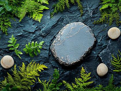 Dark Slate Surface With Plants And Stones