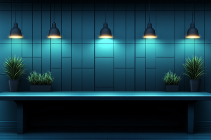 Dark Teal Room With Wooden Table And Hanging Lamps