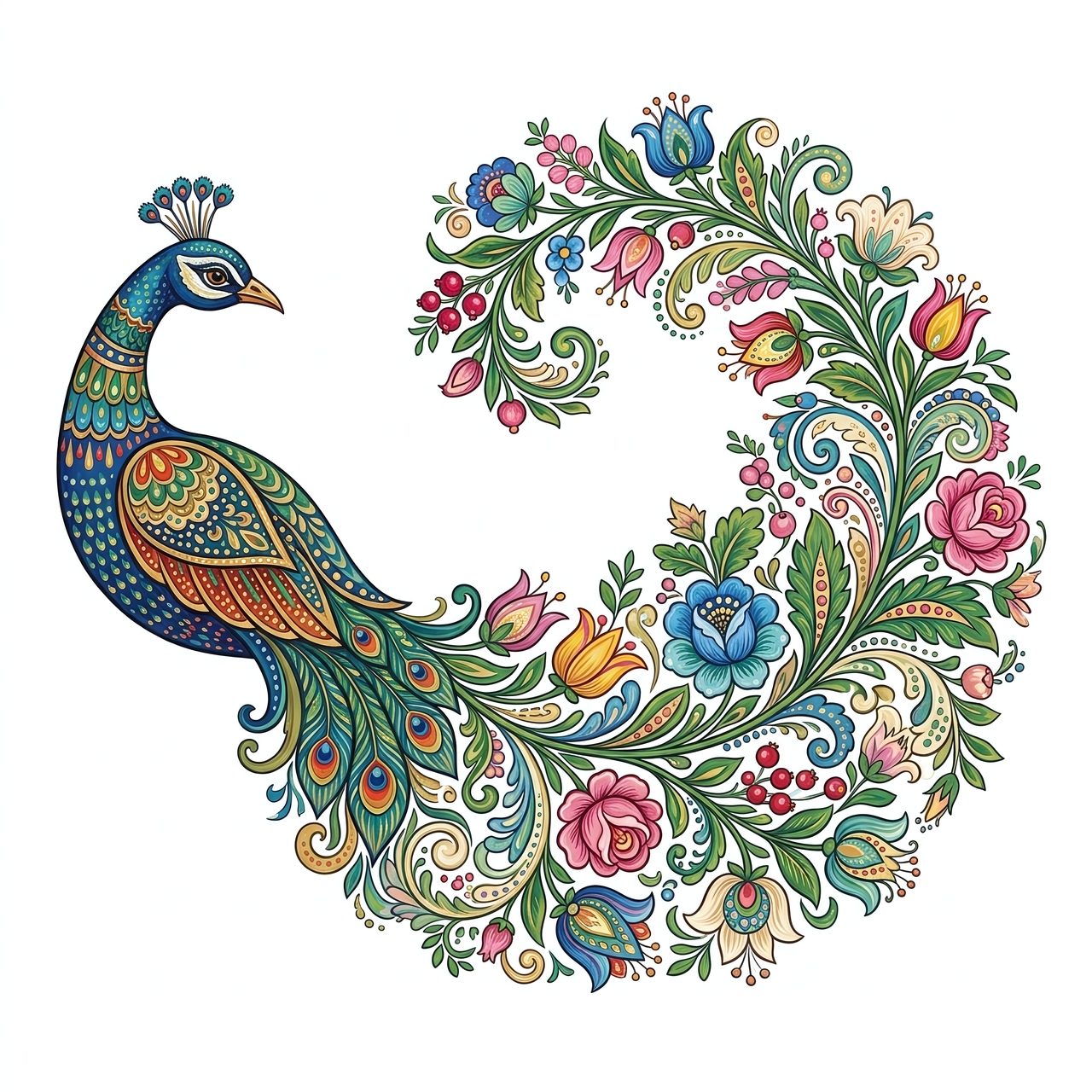 Decorative Folk Art Peacock with Floral Tail Illustration