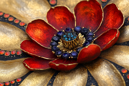 Decorative Golden Flower With Red Petals And Jewel Center
