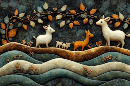 Deer Family In Forest Landscape