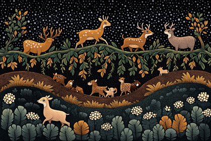 Deer Family Night Forest Illustration