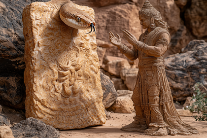 Deity Statue Confronting Snake Sculpture