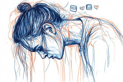 Depressed Woman in Blue and Orange Sketch