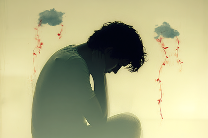 Depressed Young Person with Thought Balloons