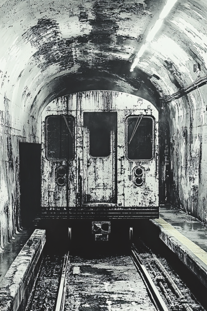 Derelict Subway Train in Dark Tunnel