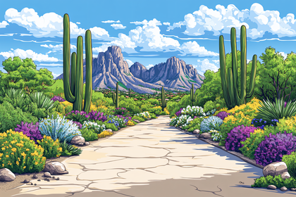 Desert Landscape with Saguaro Cacti and Mountain View