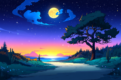 Desert Night Landscape with Full Moon