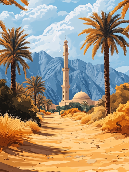 Desert Oasis Mosque With Palm Trees