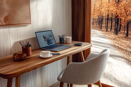 Desk With Laptop And Autumn View