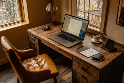 Desk With Laptop And Coffee In Home Office