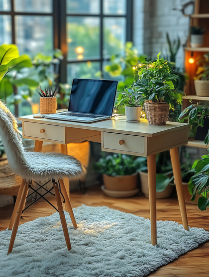 Desk With Laptop And Plants