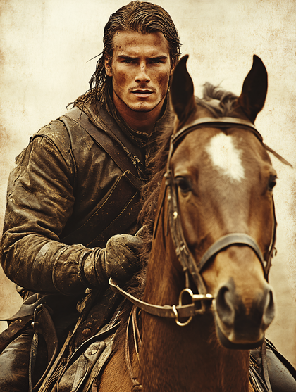 Determined Horseback Rider in Rustic Setting