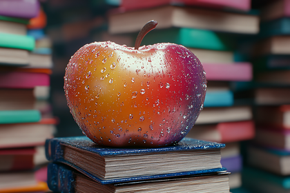 Dewy Apple On Stacked Books