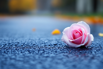 Dewy Pink Rose on Pavement