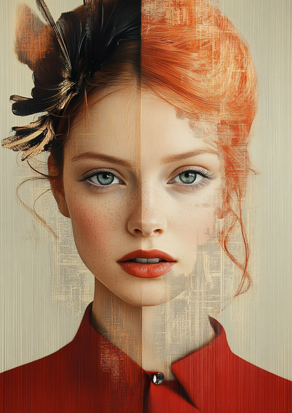 Dichotomy Portrait of a Woman with Feather Adornment