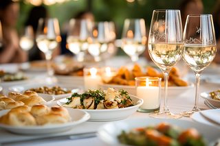 Dinner Table Setting with Wine and Food